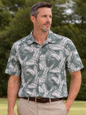 Tropical Leaf/Hawaiian Print Men's Shirt Large 100% Cotton Short Sleeve